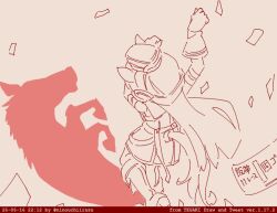 12_billion_yen_incident 1girl betting_ticket cat_shadow_puppet_(meme) dated from_above gloves gold_ship_(racehorse) gold_ship_(umamusume) horse horse_girl horse_pose imageboard_colors long_hair meme nino_(ninouchi_irazu) pillbox_hat red_theme shadow solo tegaki_draw_and_tweet twitter_username umamusume