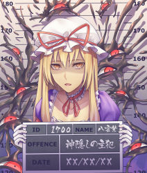 1girl alternate_eye_color aura blonde_hair choker collarbone dark_aura dress elbow_gloves english_text evil_eyes female_focus frilled_choker frills gap_(touhou) gloves gradient_background hat hat_ribbon height_chart highres holding holding_sign japanese_text long_hair looking_at_viewer mob_cap mugshot open_mouth orange_eyes puffy_short_sleeves puffy_sleeves purple_dress red_eyes red_ribbon ribbon ribbon_choker shaded_face short_sleeves sidelocks sign slit_pupils solo touhou translation_request tsurime upper_body white_gloves white_hat yakumo_yukari yangsan_(2991076090)