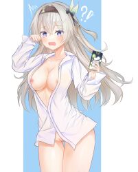 !? 1girl absurdres black_hairband blue_background blue_pupils border breasts caught cellphone collarbone collared_shirt commentary cowboy_shot dot_nose firefly_(honkai:_star_rail) grey_hair hair_between_eyes hairband hands_up highres holding holding_phone honkai:_star_rail honkai_(series) large_breasts long_hair long_sleeves looking_at_viewer naked_shirt nipple_slip nipples nokchya_ame open_clothes open_mouth open_shirt outside_border phone purple_eyes pussy shirt smartphone solo surprised sweat uncensored wavy_mouth white_border white_shirt