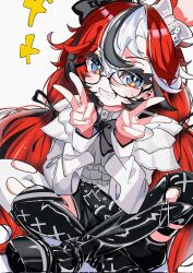 Rule 34 | 1girl, animal ears, black boots, blue eyes, boots, bow, crossed legs, dice hair ornament, double v, glasses, grin, hair bow, hair ornament, hakos baelz, hakos baelz (steel rose), highres, hololive, hololive english, long hair, low twintails, mouse ears, multicolored hair, neko skk, red hair, sitting, smile, streaked hair, twintails, v, virtual youtuber