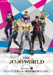1girl 6+boys abs absurdres animal animal_print anime_coloring araki_hirohiko_(style) arms_behind_back arrow_print baggy_pants battle_tendency beanie belt belt_buckle biceps birthmark black_coat black_gloves black_hair black_pants black_shoes blonde_hair blue_belt blue_bridal_gauntlets blue_eyes blue_hair blue_hat blue_jumpsuit blue_lips blue_pants blue_sailor_collar blue_shoes boots boston_terrier bracelet braid breasts brooch brown_boots brown_hair buckle butterfly_print butterfly_tattoo chain choker cleavage_cutout clothing_cutout coat commentary cone_hair_bun crop_top crossed_arms cuffs denim derivative_work diamond_wa_kudakenai dixie_cup_hat dog double_bun earrings english_commentary feathers fingerless_gloves full_body gakuran genda_art giorno_giovanna gloves goggles goggles_on_head green_boots green_eyes green_hair green_lips green_nails green_scarf green_shirt green_skirt green_tank_top grey_hair grey_pants grey_shoes grey_sleeves groin hair_between_eyes hair_bun hair_ornament hand_on_own_hip handcuffs hands_on_own_hips hat heart heart_brooch heart_cutout heart_ornament higashikata_josuke high_collar highres holding holding_animal hood hood_down hood_up hoodie horse_print horseshoe_hat_ornament horseshoe_ornament iggy_(jojo) jacket jeans jewelry joestar_birthmark jojo_no_kimyou_na_bouken jonathan_joestar joseph_joestar joseph_joestar_(young) jumpsuit kepi knee_pads kuujou_jolyne kuujou_joutarou ladybug_ornament logo long_bangs long_coat long_sleeves looking_at_viewer makeup male_focus manly medium_breasts medium_hair messy_hair midriff military_hat multicolored_hair multicolored_hat multicolored_pants multiple_boys muscular muscular_male nail_polish navel_piercing necklace official_alternate_costume official_style orange_belt orange_lips pants parted_lips peace_symbol pectoral_cleavage pectorals phantom_blood piercing pink_belt pink_jacket pink_pants pompadour purple_belt purple_choker purple_coat purple_hair purple_hat purple_pants purple_shirt purple_shoes red_boots red_shirt red_sleeves redrawn sailor sailor_collar sailor_hat salute scarf school_uniform shadow shirt shoes short_sleeves side_braid single_braid single_earring skirt sleeveless sleeveless_shirt spider_web_print spurs standing star_(symbol) star_hair_ornament star_print stardust_crusaders stone_mask_(jojo) stone_ocean striped_clothes striped_scarf stud_earrings tank_top tattoo teeth terrier_(dog) topless_male triangle_print two-finger_salute two-tone_belt two-tone_hair two-tone_sleeves vento_aureo victory_rolls watch white_hat white_hoodie white_sleeves wing_ornament wristband wristwatch yellow_belt yellow_lips yellow_scarf yellow_shirt