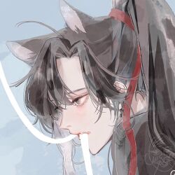 1boy ahoge animal_ears bishounen black_hair black_hanfu blush cat_boy cat_ears chinese_clothes eyelashes fang from_side grey_eyes hair_ribbon hanfu implied_yaoi kemonomimi_mode long_hair looking_to_the_side male_focus modao_zushi mouth_hold ojisan_rbt ponytail portrait profile red_ribbon ribbon ribbon_in_mouth sidelocks solo watermark wei_wuxian white_ribbon