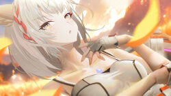1girl animal_ear_fluff animal_ears blurry blurry_background blurry_foreground breasts cat_ears cat_girl commentary fingerless_gloves fire garry&#039;s_mod_(medium) gloves grey_hair highres large_breasts looking_at_viewer medium_hair mio_(xenoblade) open_mouth photoshop_(medium) sculp2 solo white_gloves xenoblade_chronicles_(series) xenoblade_chronicles_3 yellow_eyes