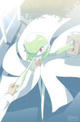 Rule 34 | absurdres, artist name, basket, bob cut, colored skin, dress, gardevoir, gen 3 pokemon, green hair, green skin, hair over one eye, highres, hime takeo, holding, holding basket, holding hands, multicolored skin, nintendo, pink eyes, pokemon, pokemon (creature), signature, two-tone skin, white dress, white skin