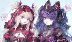 Rule 34 | 2girls, animal ear fluff, animal ear headwear, animal ears, belt, belt buckle, belt collar, black belt, black hairband, black headscarf, blonde hair, blue background, breasts, buckle, check copyright, chinese commentary, cleavage, cleavage cutout, closed mouth, clothing cutout, collar, commentary request, commission, copyright request, dagongren baozai, demon horns, demon wings, expressionless, eyelashes, fake animal ears, fox, fox ears, frilled hood, frills, hair between eyes, hair ornament, hair through hood, hairband, happy, headscarf, heart, heart-shaped buckle, hood, hood up, hooded jacket, horn hairband, horns, jacket, juliet sleeves, light particles, lipstick, long hair, long sleeves, looking at viewer, makeup, multiple girls, open clothes, open jacket, original, pink eyes, pink lips, puffy sleeves, punk, purple eyes, purple hair, red jacket, red lips, red shirt, sample watermark, shirt, small horns, smile, speech bubble, spikes, spoken animal, spoken skull, too many watermarks, turtleneck, turtleneck shirt, two side up, upper body, very long hair, watermark, wavy hair, weibo watermark, white horns, wing hair ornament, wings, zipper pull tab