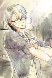 1boy artist_name bespectacled blue_eyes cellphone collared_shirt cradling_phone etou_kira glasses male_focus open_clothes open_shirt phone shirt silver_hair sleeves_rolled_up smartphone smile talking_on_phone viktor_nikiforov yuri!!!_on_ice