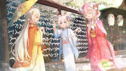 3girls :d animal_ears blue_eyes blue_kimono blurry blurry_background blush capelet cat_ears cat_girl cat_tail closed_eyes commentary_request commission coreytaiyo dated day depth_of_field floral_print grey_hair hair_between_eyes highres holding holding_umbrella japanese_clothes kimono long_hair long_sleeves multiple_girls obi omikuji open_clothes open_mouth original outdoors pink_capelet pink_hair pink_kimono print_kimono print_umbrella profile red_eyes sakurada_hane sash signature smile standing striped_tail tail umbrella very_long_hair wide_sleeves yellow_umbrella