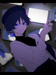Rule 34 | 1boy, alternate costume, beret, black bodysuit, black hair, black hat, blunt ends, bodysuit, candy, casual, closed mouth, contemporary, dutch angle, eyeliner, eyeshadow, food, genshin impact, gold ring, hand up, hat, highres, holding, holding candy, holding food, holding lollipop, imaonisai, lollipop, makeup, male focus, middle ring, official alternate costume, purple eyes, red eyeliner, red eyeshadow, scaramouche (genshin impact), shirt, shoulder peek, smile, solo, split mouth, television, three quarter view, turtleneck, turtleneck bodysuit, twitter username, wanderer (genshin impact), wanderer (wanderer impression) (genshin impact), white shirt