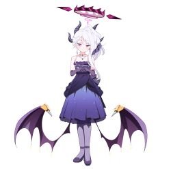 1girl absurdres black_halo blue_archive demon_girl demon_horns demon_wings dress earrings full_body gloves halo highres hina_(blue_archive) hina_(dress)_(blue_archive) horns jewelry long_hair looking_at_viewer necklace ous_5616 pantyhose pendant purple_dress purple_eyes purple_gloves simple_background solo standing white_background white_hair wings