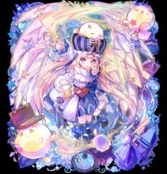 1girl animal arm_up detached_sleeves dress hat head_tilt heart highres holding jewelry oversized_wings long_hair long_sleeves looking_at_viewer magic merc_storia official_art open_mouth outstretched_arm pink_hair purple_eyes smile solo star_(symbol) tachi-e twintails very_long_hair wings