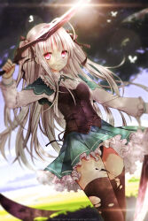 10s 1girl absolute_duo artist_request black_shoes black_thighhighs blouse blue_skirt clothes_lift dress dual_wielding frilled_skirt frills hair_ribbon highres holding holding_weapon long_hair long_sleeves maid miniskirt open_mouth pink_eyes red_eyes ribbon shirt shoes skirt socks solo split sword thighhighs torn_stockings weapon white_hair yurie_sigtuna