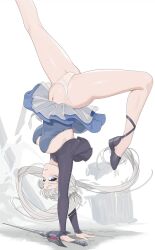 Rule 34 | 1girl, ass, blue dress, blue eyes, blush, breasts, closed mouth, commentary, commentary request, dress, english commentary, handstand, highres, holding, holding sword, holding weapon, large breasts, long hair, medium breasts, myrtenaster, navel, panties, ponytail, rapier, revision, rwby, scar, scar across eye, scar on face, shiny skin, side ponytail, sideboob, simple background, solo, spread legs, sword, thighs, tiara, underwear, upside-down, wangxiii, weapon, weiss schnee, white background, white hair, white panties