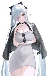 1girl black_jacket breasts cinderella_(beautiful_me)_(nikke) cinderella_(nikke) cleavage covered_navel dongtan_dress dress eyes_visible_through_hair eyewear_hang goddess_of_victory:_nikke grey_dress hashtag-only_commentary heart heart_necklace highres jacket jacket_on_shoulders jewelry large_breasts long_hair meme_attire necklace official_alternate_costume panties_visible_through_clothes red_eyes simple_background smile solo sunglasses thighs unworn_eyewear very_long_hair wata_owo white_background white_hair
