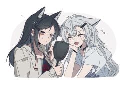 2girls alternate_costume alternate_hairstyle animal_ear_fluff animal_ears arknights black_choker black_hair black_shirt brown_eyes choker closed_eyes closed_mouth collarbone ear_piercing extra_ears fang hair_between_eyes hair_ornament hairclip hand_mirror hand_on_own_cheek hand_on_own_face hand_up highres holding holding_mirror jacket lappland_(arknights) long_hair long_sleeves looking_at_mirror mirror multiple_girls o-ring o-ring_choker open_mouth piercing scar scar_across_eye scar_on_face seri_(vyrlw) sharp_teeth shirt short_sleeves sidelocks skin_fang smile teeth texas_(arknights) upper_body upper_teeth_only white_background white_hair white_jacket white_shirt wolf_ears wolf_girl wolf_print