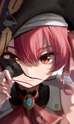 1girl arrow_through_heart ascot bicorne black_choker black_hat brooch choker close-up closed_mouth commentary_request cropped_jacket eyepatch gem green_gemstone hair_between_eyes hair_ribbon hat heart heterochromia highres holding_eyepatch hololive houshou_marine houshou_marine_(1st_costume) jacket jewelry long_hair looking_at_viewer pirate pirate_hat portrait red_ascot red_eyes red_hair red_jacket red_ribbon removing_eyepatch ribbon samu_(sam_deg369) sleeveless sleeveless_jacket smile solo twintails virtual_youtuber yellow_eyes