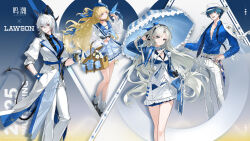 1boy 3girls ahoge bird bird_on_hand black_gloves black_hairband blonde_hair blue_bow blue_gloves blue_hat blue_jacket blue_necktie blue_skirt bow bow_legwear brant_(wuthering_waves) carlotta_(wuthering_waves) chinese_commentary closed_mouth coat commentary_request cropped_jacket cup demon_girl demon_horns demon_tail disposable_cup duplicate earrings floating_hair gloves grey_hair hair_between_eyes hair_bow hairband half_gloves hand_in_pocket hat highres holding holding_cup holding_umbrella horns jacket jewelry lawson long_hair long_sleeves looking_at_viewer multiple_girls necktie official_alternate_costume official_art pants phoebe_(wuthering_waves) purple_eyes shirt shoes single_earring skirt smile socks tail umbrella white_coat white_pants white_shirt white_skirt white_socks wuthering_waves zani_(wuthering_waves)