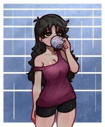 1girl absurdres azumanga_daiou black_hair black_shorts blue_background breasts brown_eyes cleavage coffee_mug cup drinking half-closed_eyes highres long_hair medium_breasts mug rain red_tank_top shiny_skin shorts standing strap_slip tanizaki_yukari tank_top te_maldigo wavy_hair