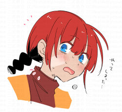 1girl blue_eyes blush braid brown_shirt cropped_shoulders etrian_odyssey highres long_hair looking_at_viewer monk_(sekaiju) monk_4_(sekaiju) nikki_kyousuke notice_lines open_mouth portrait red_hair shirt simple_background single_braid solo sweat translation_request turtleneck watermark wavy_mouth white_background