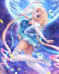 1girl :d ass bare_shoulders black_shorts blonde_hair blue_dress blue_eyes blush boots breasts commentary_request curly_hair detached_sleeves dress eyes_visible_through_hair floating_hair foot_out_of_frame goto_p hair_between_eyes impossible_clothes long_hair looking_up lunar-q lunaria_-virtualized_moonchild- medium_breasts navel open_mouth outdoors planet shorts sky smile solo sparkle star_(sky) starry_sky thigh_boots twintails very_long_hair