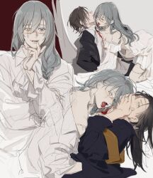2boys ambiguous_gender biting black_hair blood blue_eyes blue_hair collarbone covering_own_mouth fangs finger_to_mouth getou_suguru getou_suguru_(kenjaku) heterochromia jujutsu_kaisen long_hair low-braided_long_hair low-tied_long_hair mahito_(jujutsu_kaisen) male_focus multiple_boys neck_biting nonockha open_mouth stitched_arm stitched_face stitched_leg stitched_neck stitches vampire yellow_eyes