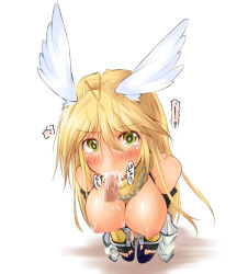 1boy 1girl bikini bikini_top_only black_bikini black_gloves blonde_hair blue_thighhighs blush breasts breasts_out chain chain_necklace cleavage commentary_request cum cum_in_mouth cum_on_body cum_on_breasts cum_on_upper_body ejaculation elbow_gloves feathered_wings fellatio fingerless_gloves full_body gloves hair_between_eyes hands_on_own_knees head_wings hetero jewelry jumpsuit jumpsuit_around_waist kaminagi_(kaminagi-tei) large_breasts looking_at_viewer mechanic_(ragnarok_online) necklace nipples open_mouth oral penis ragnarok_online simple_background solo_focus swimsuit thighhighs white_background white_jumpsuit white_wings wings yellow_eyes