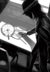 1boy chair desk fata_morgana_no_yakata fedora formal_clothes from_above greyscale hat highres jacopo_bearzatti looking_at_object looking_down male_focus medium_hair monochrome moyatarou non-web_source novel_illustration official_art paper solo suit window