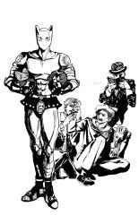 3others 5boys animal_ears book bowler_hat cat_ears crosshatching dead_man&#039;s_questions diamond_wa_kudakenai formal_clothes greyscale hat hatching_(texture) highres holding holding_book holding_hands jojo_no_kimyou_na_bouken jojolion kawajiri_kosaku killer_queen kira_yoshikage kira_yoshikage_(jojolion) miniskirt monochrome multiple_boys multiple_others sailor sailor_collar sailor_hat sandals sheer_heart_attack skirt stand_(jojo) stray_cat_(jojo) suit uu0000322