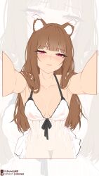 1girl absurdres animal_ear_fluff animal_ears blush breasts brown_hair closed_mouth commentary cropped_legs english_commentary half-closed_eyes highres holo large_breasts likunea long_hair looking_at_viewer nightgown no_panties outstretched_arms patreon_logo patreon_username reaching reaching_towards_viewer red_eyes see-through_clothes sleepwear spice_and_wolf twitter_username twitter_x_logo very_long_hair white_nightgown wolf_ears wolf_girl zoom_layer