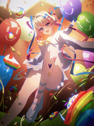 1girl absurdres anklet balloon blonde_hair blue_hair blue_shoes bow bowtie chouzetsusaikawa_tenshi-chan commentary confetti grey_eyes heart highres jewelry junpaku_karen long_hair looking_at_viewer needy_girl_overdose open_mouth pink_hair quad_tails school_uniform serafuku shirt shoes skirt solo thighs white_serafuku white_shirt white_skirt yellow_bow yellow_bowtie