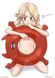 1girl artist_name blonde_hair blue_eyes commentary_request completely_nude convenient_censoring dated enemy_lifebuoy_(kancolle) facing_viewer full_body holding holding_swim_ring innertube janus_(kancolle) kantai_collection looking_down navel nude one-hour_drawing_challenge parted_bangs ray.s see-through_silhouette short_hair simple_background solo swim_ring white_background