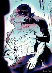 2boys abs blush bodysuit collarbone comettron commentary_request greyscale groin hands_on_another&#039;s_chest highres keith_(voltron) kiss korean_commentary male_focus monochrome mullet multiple_boys multiple_scars muscular muscular_male navel pants pectorals prosthesis prosthetic_arm scar scar_on_arm short_hair sitting standing takashi_shirogane thick_eyebrows topless_male twitter_username voltron:_legendary_defender voltron_(series) yaoi