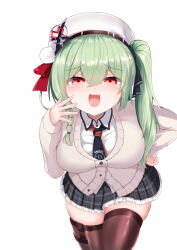 Rule 34 | 1girl, absurdres, beret, black thighhighs, blush, breasts, brown thighhighs, cardigan, fang, frilled skirt, frills, green hair, hair between eyes, hair ribbon, hand on own hip, hat, highres, huanxiang koudai meow, indie virtual youtuber, large breasts, leaning forward, long hair, long sleeves, looking at viewer, mesugaki, miniskirt, mozhe inkian, necktie, open mouth, plaid clothes, plaid skirt, pleated skirt, red eyes, ribbon, school uniform, shirt, side ponytail, simple background, skin fang, skindentation, skirt, smile, smug, solo, thigh strap, thighhighs, white background, white hat, white shirt, zettai ryouiki