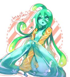 Rule 34 | 1girl, colored skin, dated, english text, green eyes, green hair, green skin, hair between eyes, kitaya, long hair, long sleeves, monster girl, monster musume no iru nichijou, open clothes, open mouth, open shirt, shirt, slime hair, solo, suu (monster musume), yellow shirt