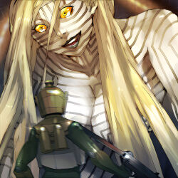 1boy 1girl artist_request asherah_(megami_tensei) atlus black_lips blonde_hair body_markings breasts cleavage colored_sclera colored_skin demon_(megami_tensei) demonica giant giantess grin hair_between_eyes hair_over_breasts helmet highres holding holding_weapon large_breasts long_hair monster_girl motion_blur open_mouth shin_megami_tensei shin_megami_tensei:_strange_journey smile tadano_hitonari upper_body weapon white_skin yellow_eyes yellow_sclera