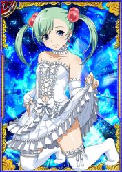 1girl aqua_hair bare_shoulders blue_eyes bow breasts card_(medium) choker closed_mouth clothes_lift collarbone dress dress_lift eyebrows female_focus full_body hair_bobbles hair_ornament ikkitousen kneehighs kneeling lifting_own_clothes looking_at_viewer magatama navel no_shoes official_art shokatsuryou_koumei small_breasts smile socks solo swept_bangs white_choker white_dress