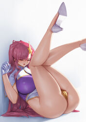 1girl ass breasts cameltoe cleft_of_venus closed_eyes commentary_request covered_erect_nipples gloves gundam gundam_seed gundam_seed_destiny hair_ornament heart high_heels highres large_breasts legs_up leotard long_legs meer_campbell multicolored_leotard on_floor open_mouth pink_hair purple_leotard qingmingtongzi solo sweat thighs white_gloves white_leotard