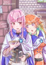 2girls absurdres blush bow bow_choker breasts choker cleavage commentary couple dress earrings english_commentary feather_earrings feathers gradient_hair green_choker green_hair highres holding hololive hololive_english jewelry large_breasts long_hair mori_calliope mori_calliope_(1st_costume) multicolored_hair multiple_girls official_alternate_costume open_mouth orange_hair pink_hair purple_eyes red_eyes smile takanashi_kiara takanashi_kiara_(1st_costume) virtual_youtuber xu_chin-wen yuri