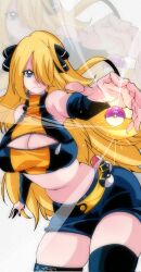 1girl bare_shoulders blonde_hair blue_eyes breasts cleavage cleavage_window closed_mouth cynthia_(pokemon) female_focus hair_ornament hair_over_one_eye highres kinakomochi_(user_vedc2333) large_breasts long_hair master_ball midriff navel nintendo outstretched_arm poke_ball pokemon pokemon_dppt repeat_ball shorts signature smile solo thighhighs thighs turtleneck ultra_ball white_background wide_hips zipper