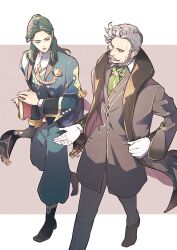 2boys aiguillette black_coat black_pants blue_eyes book coat collared_shirt commentary_request eye_contact facial_hair fire_emblem fire_emblem:_three_houses gloves green_coat green_hair green_necktie green_pants grey_hair hair_bun hanneman_von_essar highres holding holding_book layered_sleeves linhardt_von_hevring linhardt_von_hevring_(timeskip) long_hair long_sleeves looking_at_another male_focus mature_male monocle multiple_boys mustache necktie nintendo pants parted_lips shirt short_hair sideburns single_hair_bun un_faro vest walking white_gloves white_shirt