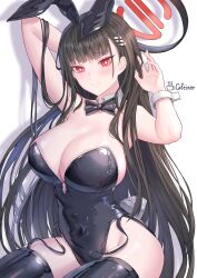 1girl absurdres animal_ears arm_behind_head arms_up black_hair black_thighhighs blue_archive blush bow bowtie breasts cafeiner cleavage detached_collar garter_straps hair_ornament hairclip halo highres large_breasts leotard long_hair looking_at_viewer open_mouth playboy_bunny rabbit_ears rabbit_tail red_eyes ringed_eyes rio_(blue_archive) simple_background solo tail thighhighs very_long_hair white_background wrist_cuffs