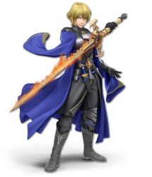 1boy 3d artist_request black_boots black_gloves blonde_hair blue_coat blue_eyes boots male_byleth_(fire_emblem) closed_mouth coat dagger dimitri_alexandre_blaiddyd expressionless fire fire_emblem fire_emblem:_three_houses flaming_sword flaming_weapon full_body gloves grey_pants grey_shirt hand_up highres holding holding_sword holding_weapon knife long_sleeves looking_at_viewer male_focus nintendo official_art pants sheath sheathed shirt short_hair solo standing super_smash_bros. sword sword_of_the_creator transparent_background vambraces weapon