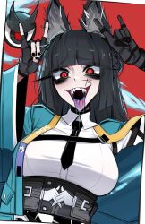 1girl ace_glitch ambiguous_blue_liquid animal_ear_fluff animal_ears aqua_jacket arms_up black_eyeshadow black_gloves black_hair black_nails black_necktie blunt_bangs breasts commentary double_fox_shadow_puppet english_commentary eyeshadow fangs fingerless_gloves fox_ears fox_girl fox_shadow_puppet gloves highres hoshimi_miyabi jacket large_breasts long_hair long_sleeves looking_at_viewer makeup necktie open_clothes open_jacket open_mouth raised_inner_eyebrows red_background red_eyes shirt single_fingerless_glove smile solo_focus tailless_(zenless_zone_zero) teeth thick_eyelashes tongue tongue_out underbust upper_body white_shirt wide_sleeves wing_collar zenless_zone_zero