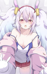 1girl animal_ears azur_lane blush breasts camisole collarbone gradient_hair hair_between_eyes hair_ornament highres jacket laffey_(azur_lane) long_hair looking_at_viewer medium_breasts mikuchi3939 miniskirt multicolored_hair open_clothes open_jacket open_mouth rabbit_ears red_skirt skirt solo spaghetti_strap thighhighs