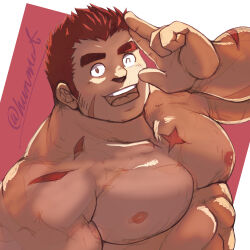 Rule 34 | 1boy, ^ ^, bara, blush, brown hair, closed eyes, facial hair, facial scar, large pectorals, male focus, muscular, muscular male, nipples, pectorals, salute, sanpaku, scar, scar on cheek, scar on face, short hair, sideburns, solo, spiked hair, stubble, tamamura gunzo, tatsumonji yukara, thick eyebrows, thick neck, tokyo houkago summoners, two-finger salute, upper body, white background