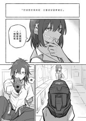 2girls aiming angelia_(girls&#039;_frontline) black_hair breasts closed_mouth collared_shirt girls&#039;_frontline gun hair_over_one_eye handgun highres implied_after_cunnilingus licking_lips long_hair monochrome morridow_(girls&#039;_frontline) multiple_girls scar scar_on_face shirt smile suggestive_fluid tongue tongue_out weapon white_shirt xinhao yuri