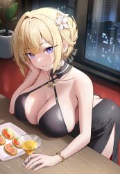 1girl absurdres alternate_costume ass black_dress blush bracelet breast_rest breasts breasts_on_table building butt_crack closed_mouth collarbone commentary cup dress drinking_glass elbow_on_table elbow_rest evelyn_chevalier flower food gold_bracelet hair_flower hair_intakes hair_ornament halter_dress halterneck head_rest highres indoors jewelry large_breasts leaning_forward long_hair looking_at_viewer nay plant plate potted_plant revision sleeveless sleeveless_dress smile solo white_flower zenless_zone_zero