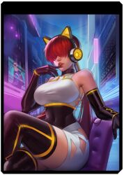 1girl animal_ears breasts cat_ears chair couch curvy dress female_focus fishnets gloves hand_up headphones huge_breasts large_breasts leg_up long_hair neon_lights outdoors pale_skin ponytail red_hair shermie_(kof) sitting skirt socks the_king_of_fighters thick_lips thick_thighs thighs twintails wide_hips