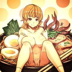 10s 1girl blonde_hair blush bowl breasts chopsticks egg female_focus food gradient_background in_food knees_to_chest large_breasts light_smile long_hair meat mini_person minigirl nakiri_erina noodles panties polka_dot polka_dot_background purple_eyes seaweed shokugeki_no_souma sieyarelow signature socks solo tentacles topless_female udon underwear underwear_only white_panties white_socks