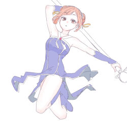 1girl absurdres arm_up blue_boots blue_dress boots breasts brown_eyes brown_hair double_bun dress full_body hair_bun highres holding laufen_(sousou_no_frieren) looking_at_viewer parted_bangs parted_lips pelvic_curtain seila_rei short_hair sidelocks simple_background small_breasts solo sousou_no_frieren white_background