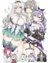 +_+ 1boy 4girls ? ?? aqua_dress aqua_thighhighs black_gloves blade_(honkai:_star_rail) blush breasts cleavage dress eyewear_on_head fingerless_gloves firefly_(honkai:_star_rail) gloves green_eyes grey_hair groping hair_between_eyes hair_intakes heart highres honkai:_star_rail honkai_(series) kafka_(honkai:_star_rail) large_breasts multiple_girls nintendo_switch open_mouth pe_eee00 purple_hair silver_wolf_(honkai:_star_rail) simple_background sparkle star_(symbol) stelle_(honkai:_star_rail) sunglasses sweatdrop thigh_strap thighhighs trailblazer_(honkai:_star_rail) white_background